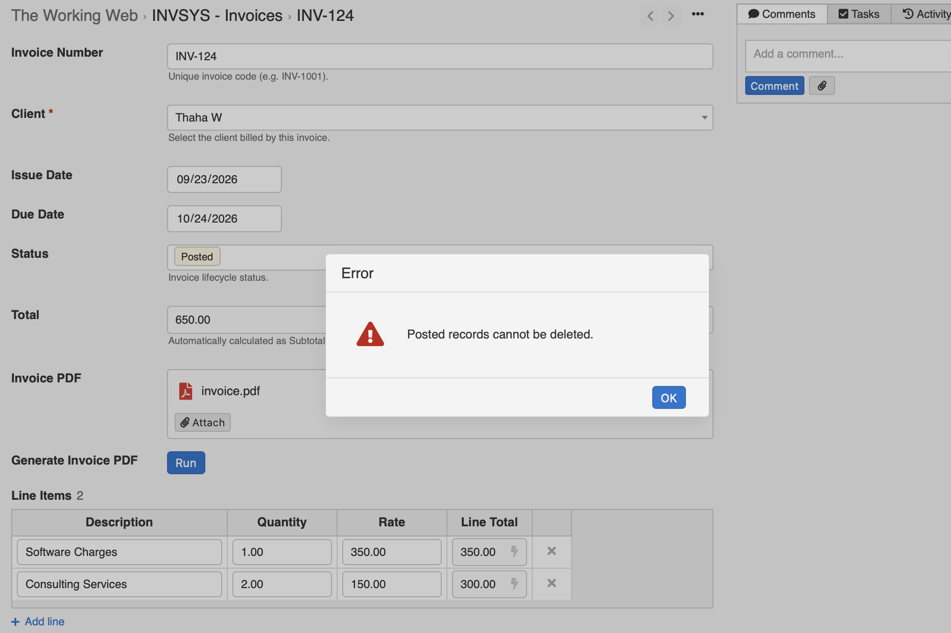 The same Posted invoice INV-124 after an attempted edit, with an error dialog reading "Posted records cannot be edited."