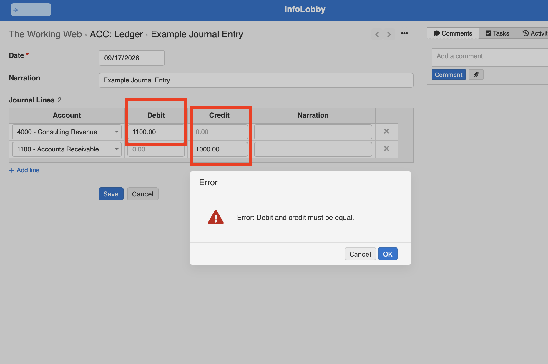 A journal entry in the ACC: Ledger table with a debit of 1100.00 and a credit of 1000.00 highlighted, and an error dialog reading "Error: Debit and credit must be equal."