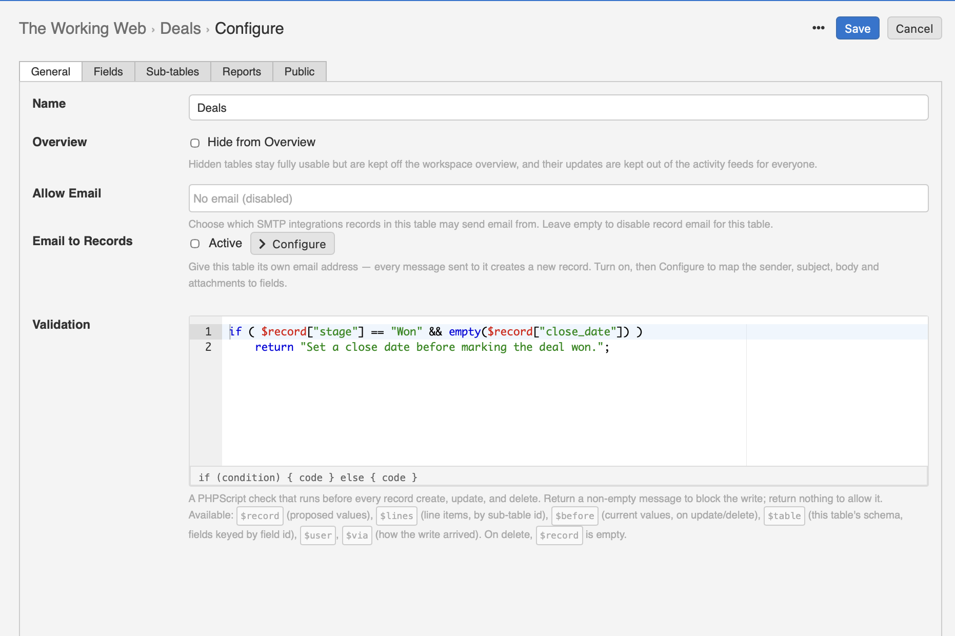 The Deals table configuration screen with a two line validation rule that returns an error when stage is Won and close_date is empty