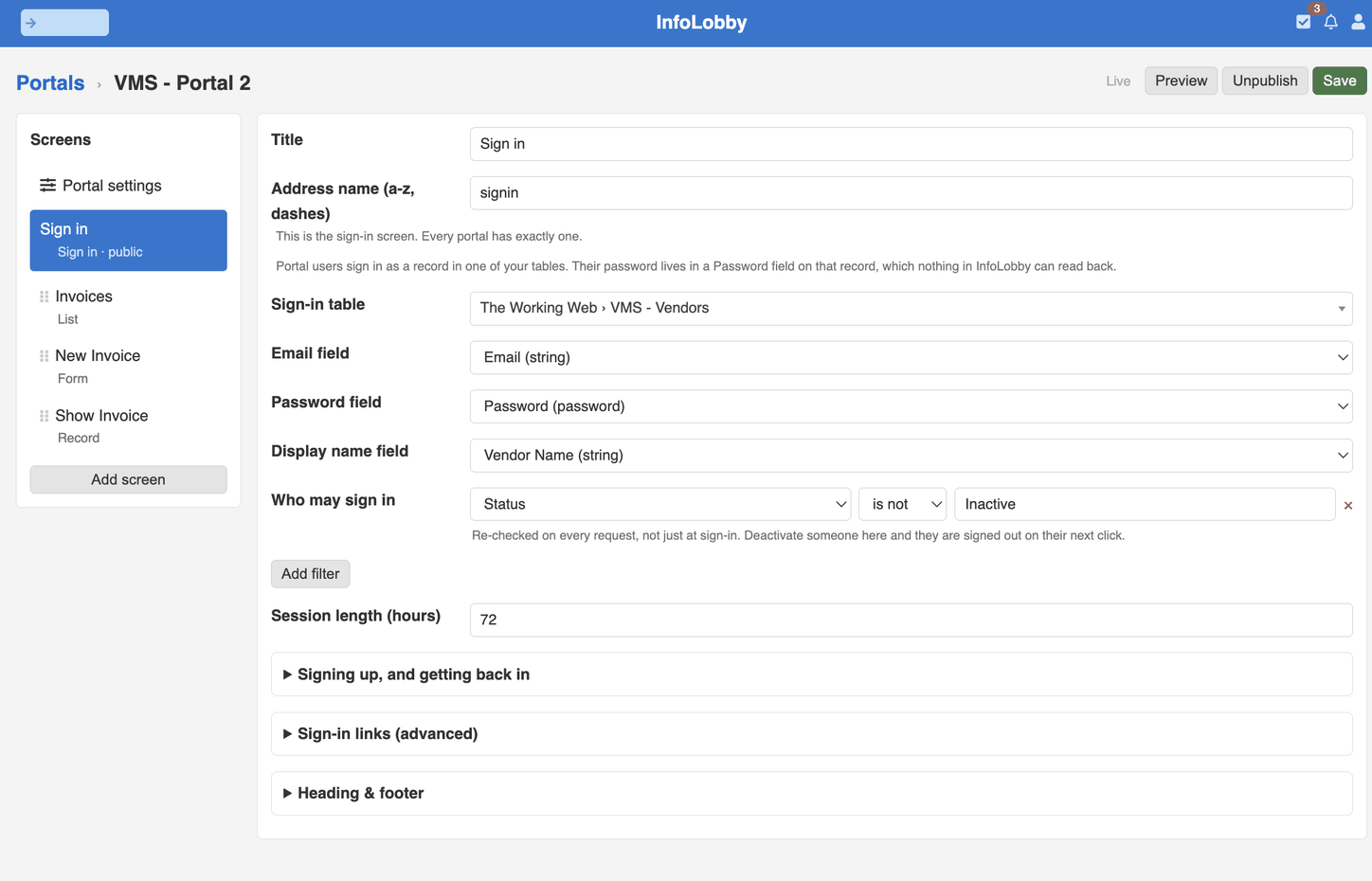 The portal builder's Sign in screen. The sign-in table is VMS Vendors, using its Email, Password and Vendor Name fields, and only vendors whose Status is not Inactive may sign in.