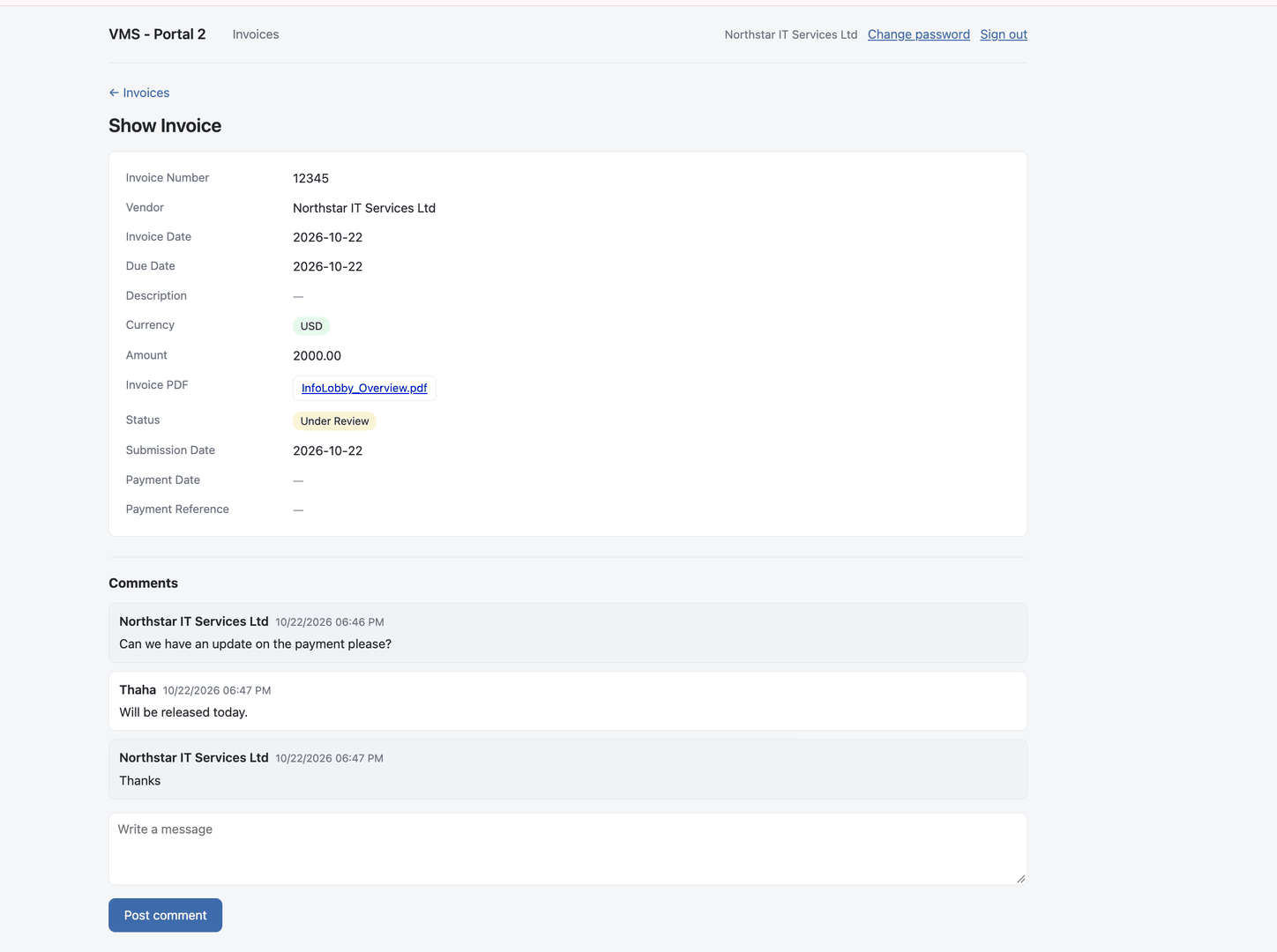 An invoice opened in the vendor portal, showing its details and status Under Review, followed by a comment thread: the vendor asks for a payment update, finance replies that it will be released today, and the vendor says thanks.