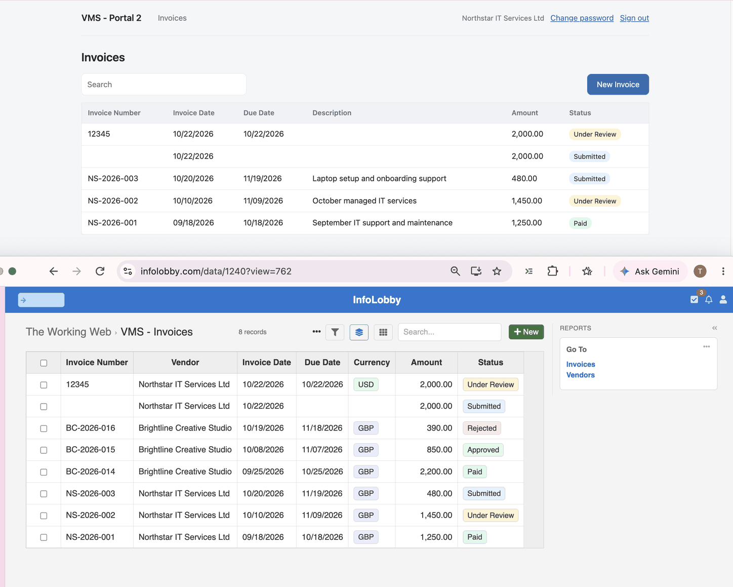 Top: the portal signed in as Northstar IT Services Ltd, showing only Northstar's invoices. Bottom: the internal Invoices table in InfoLobby, holding the same rows alongside Brightline Creative Studio's invoices.