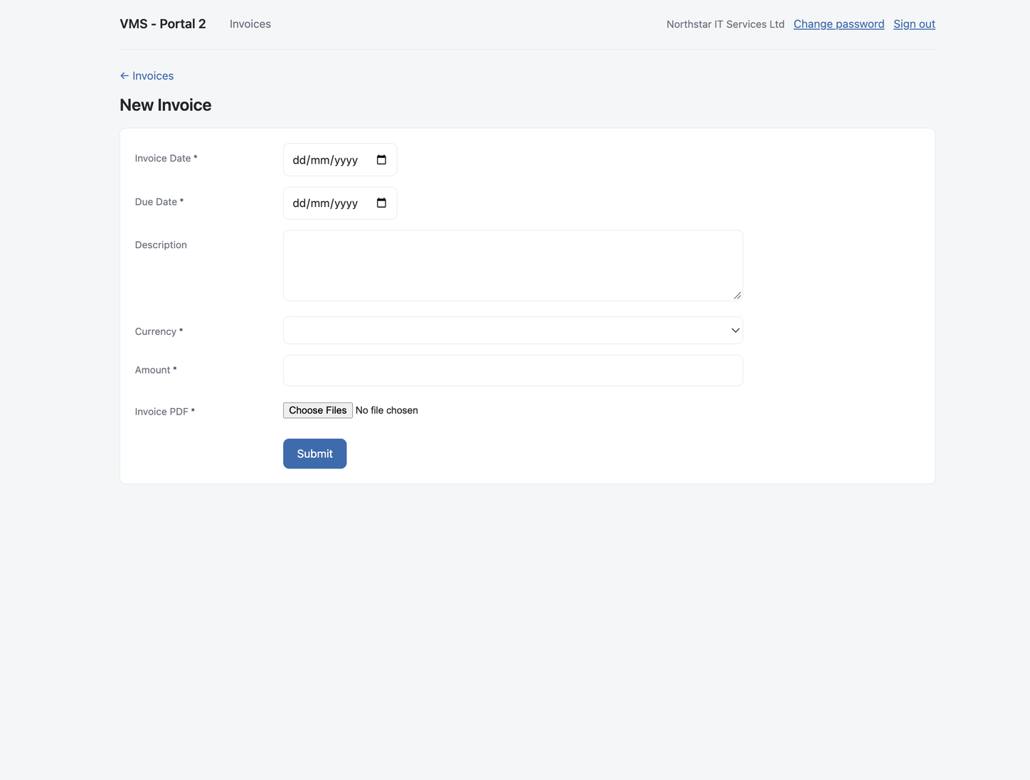 The New Invoice form in the vendor portal, with fields for invoice date, due date, description, currency, amount and a required invoice PDF upload.