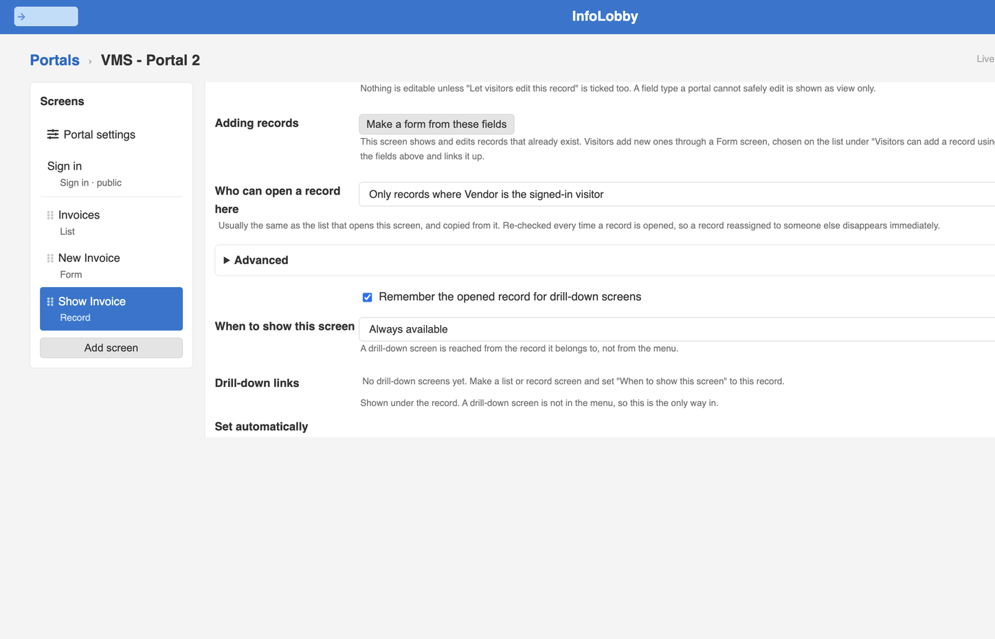 The Show Invoice record screen in the portal builder, with Who can open a record here set to Only records where Vendor is the signed-in visitor.