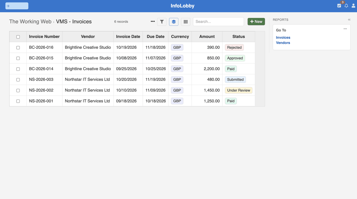 The internal Invoices table in InfoLobby, listing six invoices from two vendors, Brightline Creative Studio and Northstar IT Services Ltd, with dates, amounts and statuses such as Paid, Under Review and Rejected.