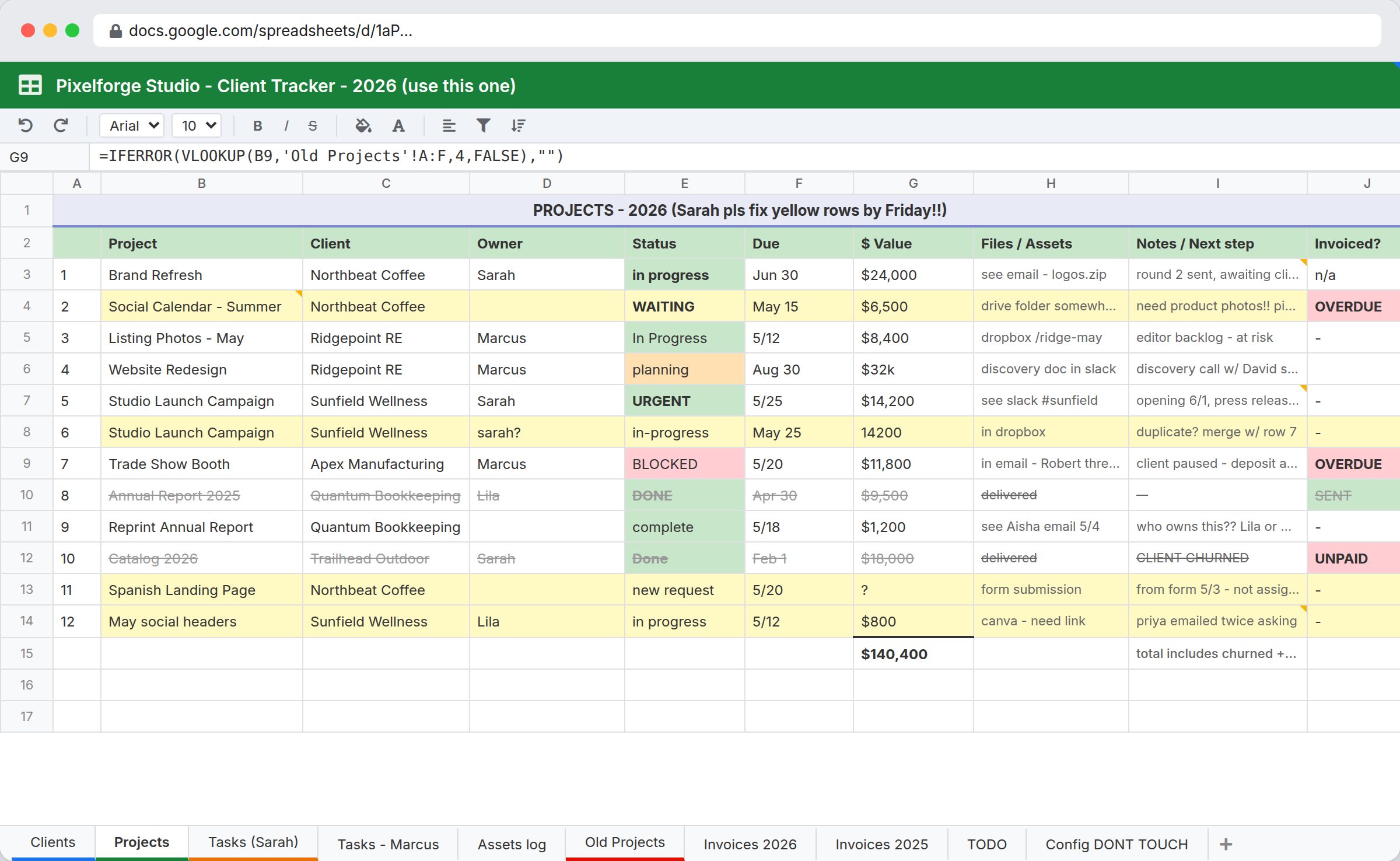 Sample broken agency tracker spreadsheet