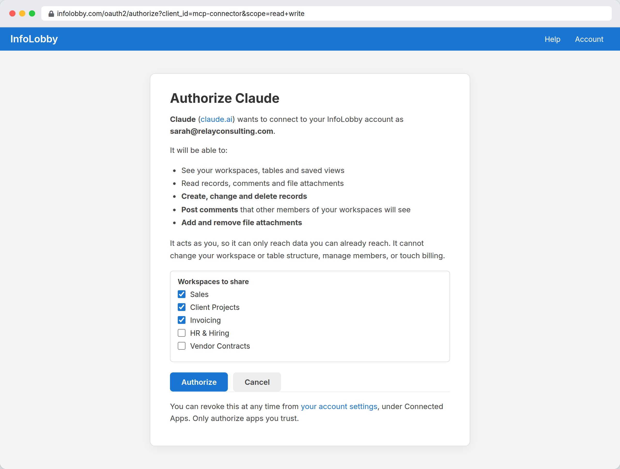 InfoLobby authorize screen granting an AI assistant access to selected workspaces