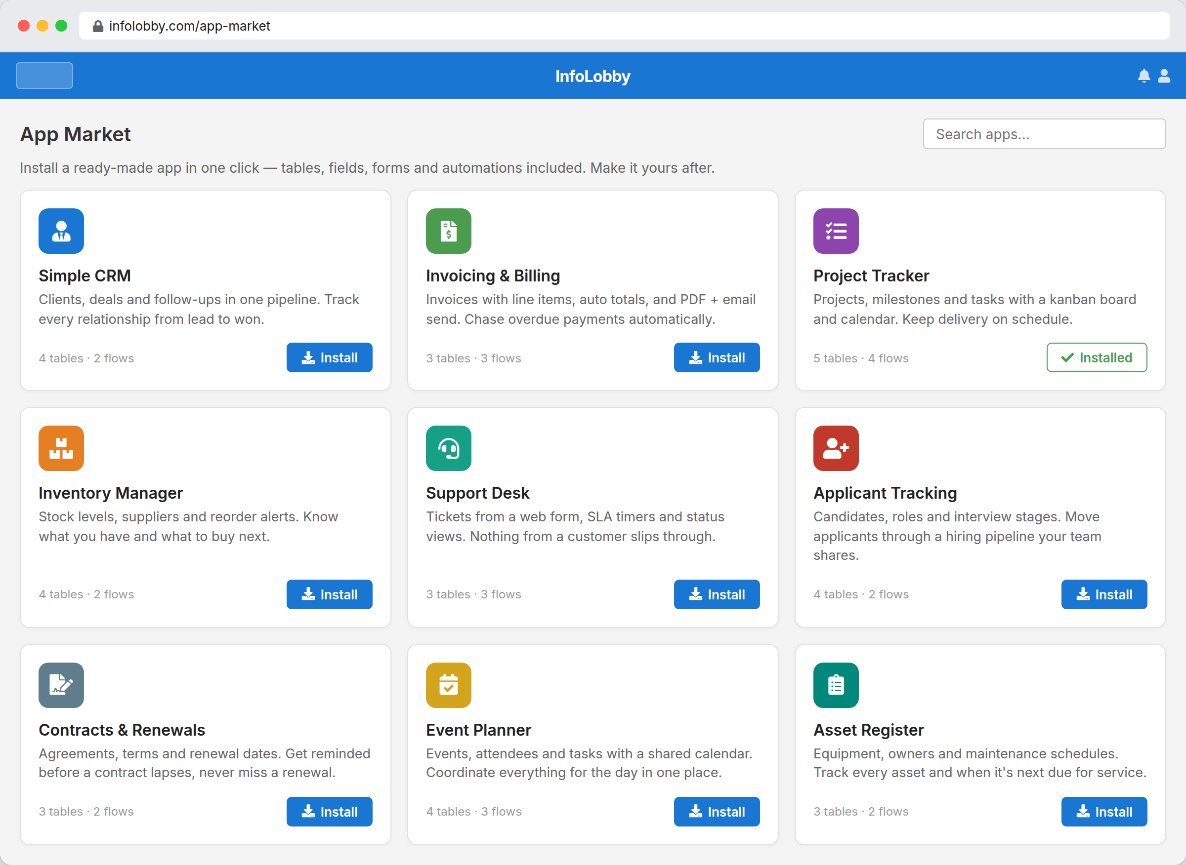 InfoLobby App Market with installable app packs like CRM, invoicing and project tracker