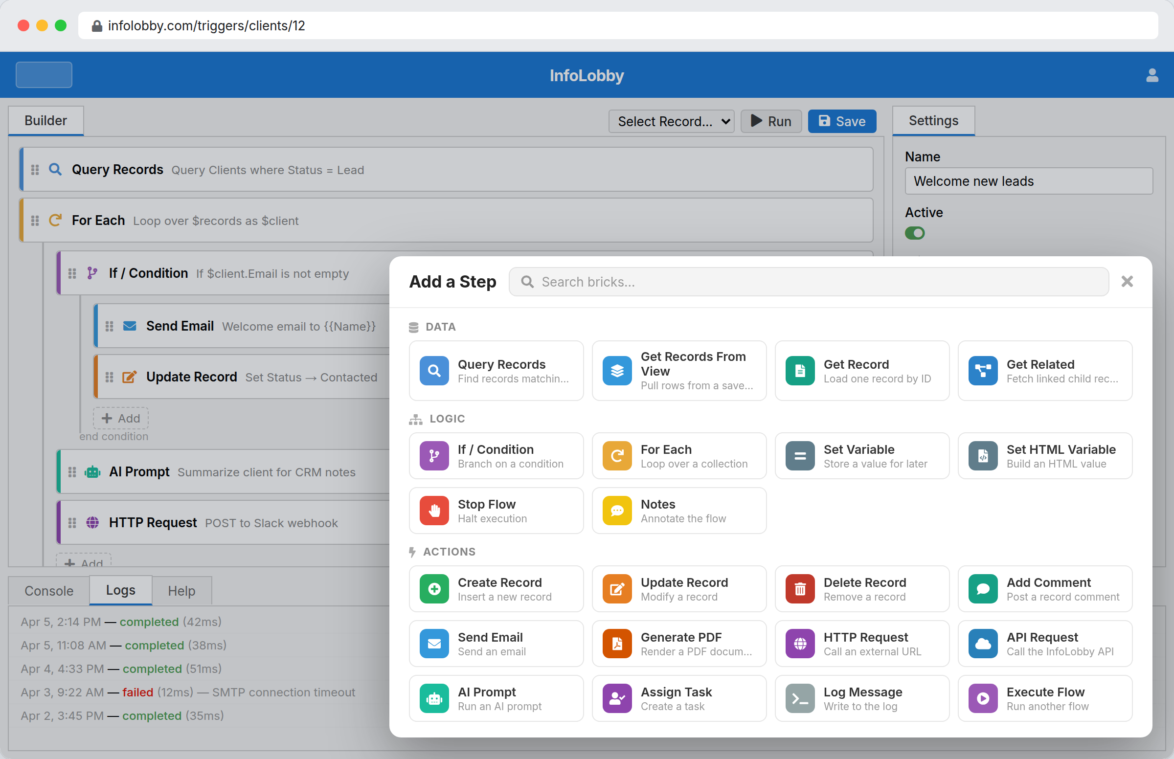 Visual workflow builder with a catalog of automation bricks