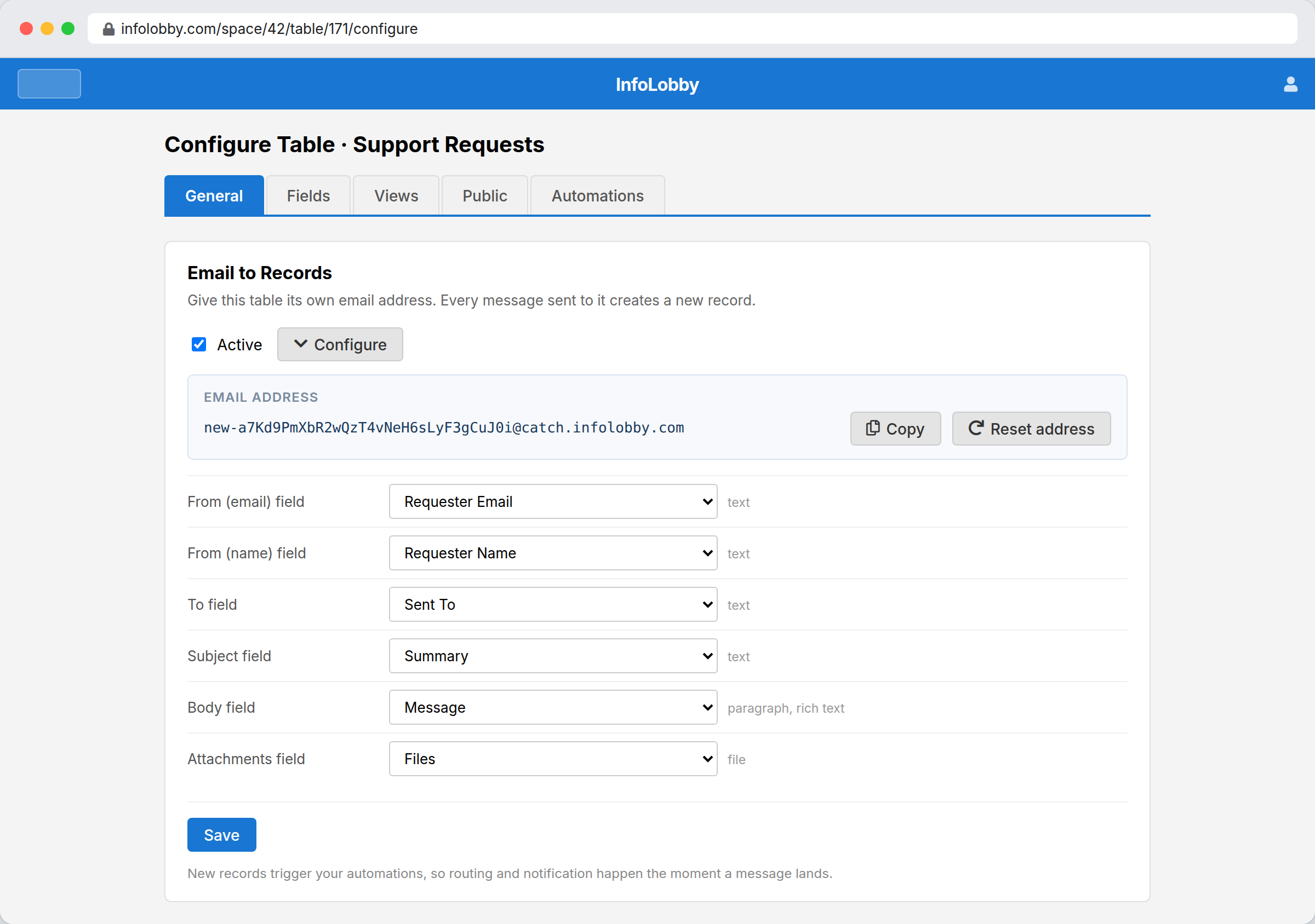 InfoLobby Email to Records setup showing the inbound address and the field mapping