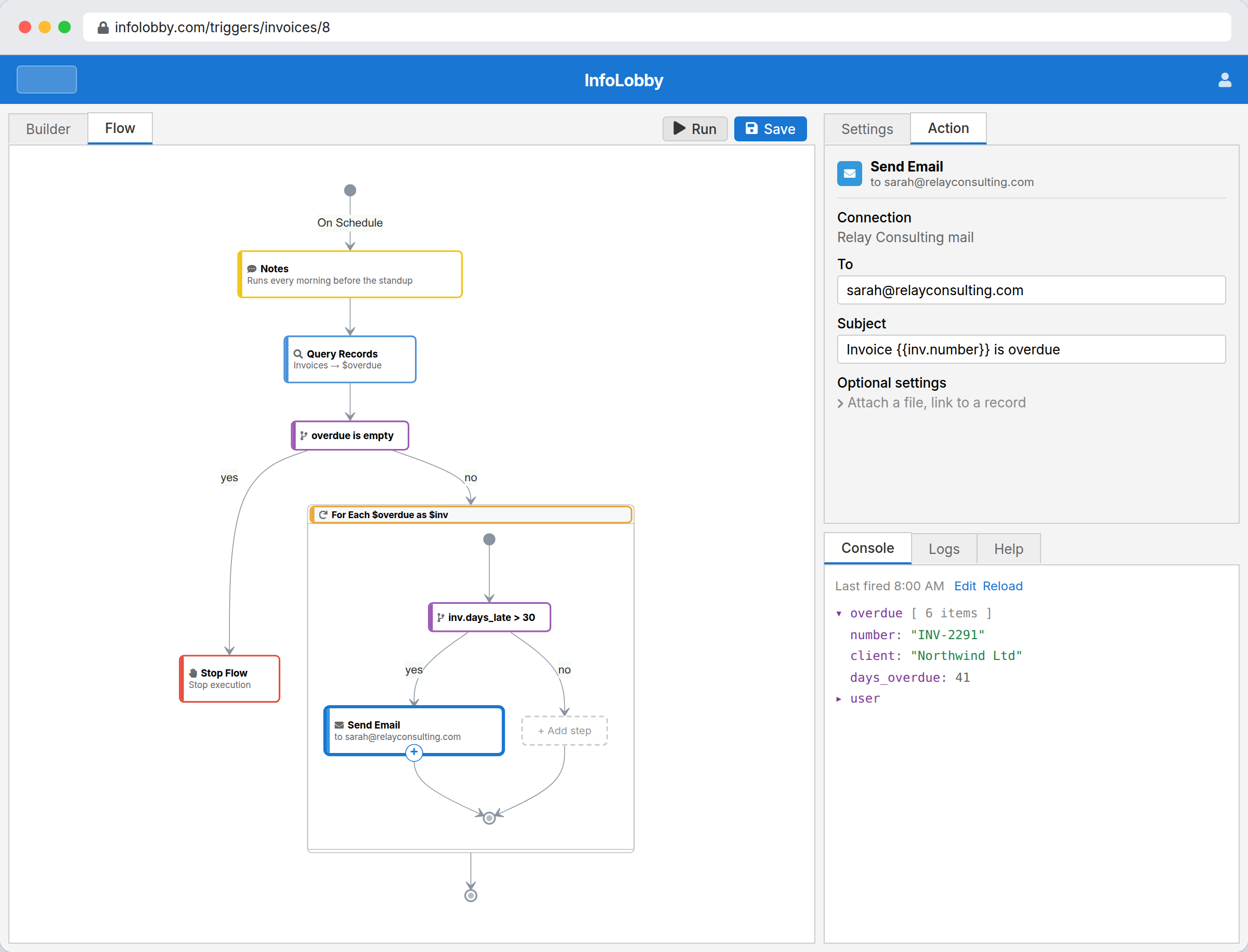 The Flow canvas: an automation drawn as connected step cards, with yes and no branches, a loop, a Stop step, and the selected step's settings open in the side panel