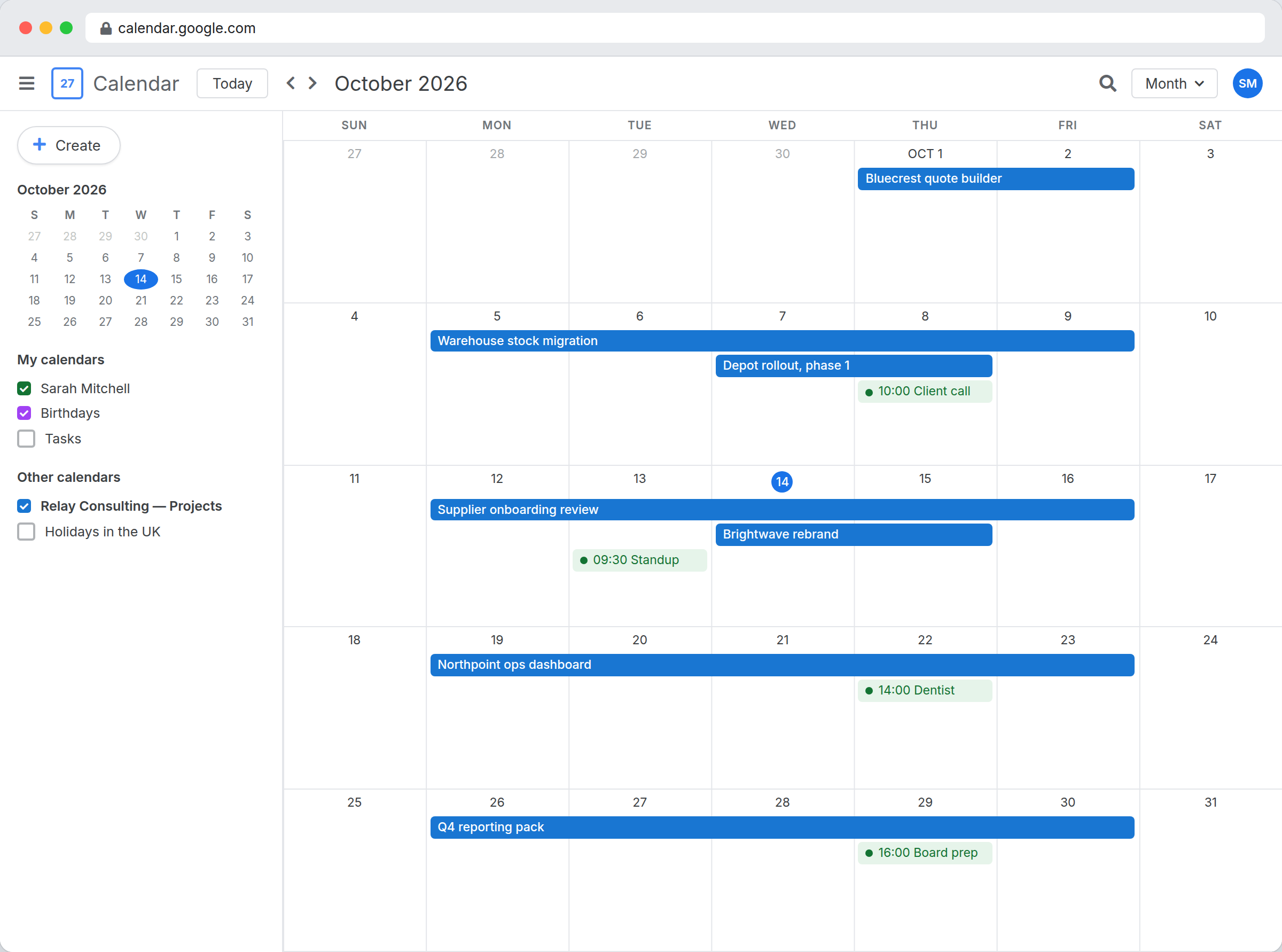 An InfoLobby calendar feed subscribed in Google Calendar, with project dates running as multi-day events beside the user's own
