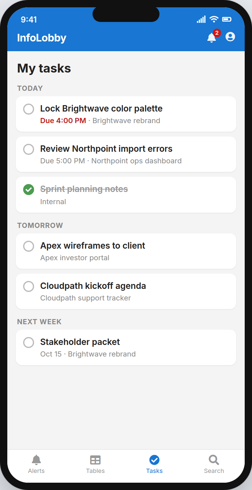 My tasks on a phone, grouped into today, tomorrow and next week, each linked to its project