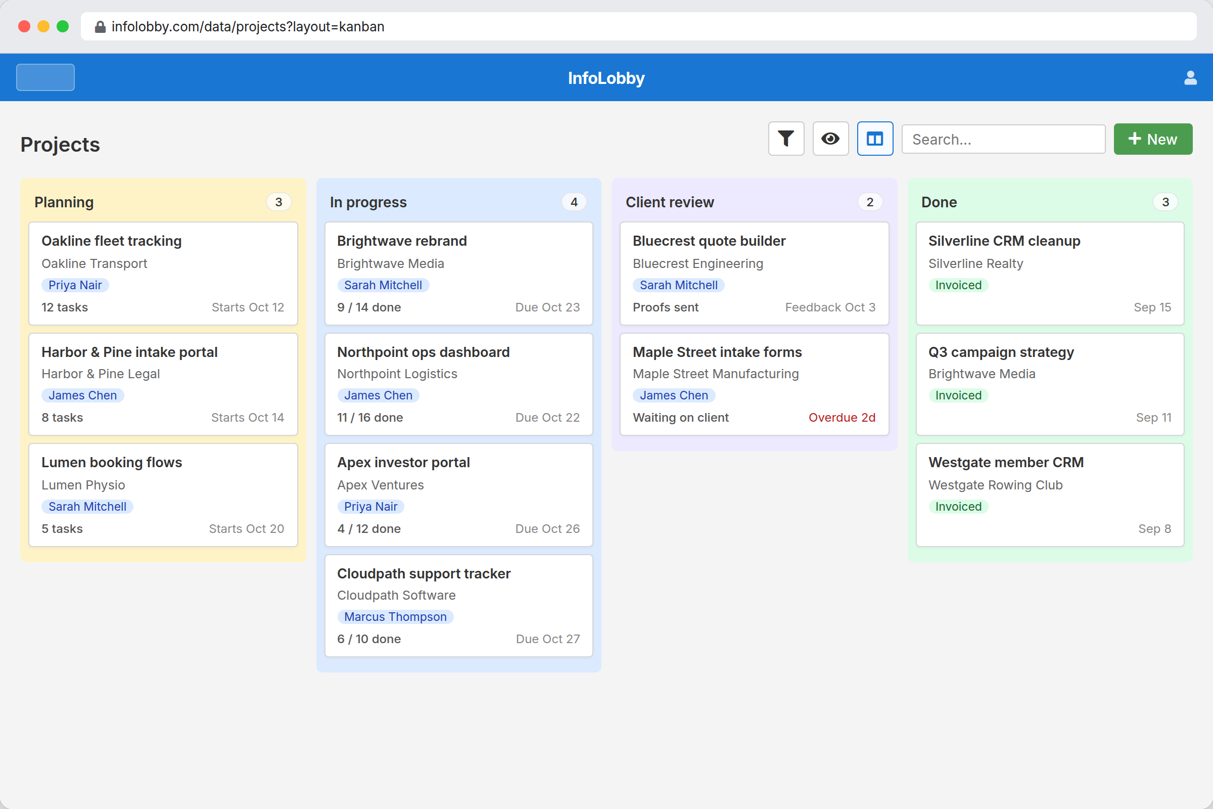 Project milestones in an InfoLobby calendar view for October, color coded by client project