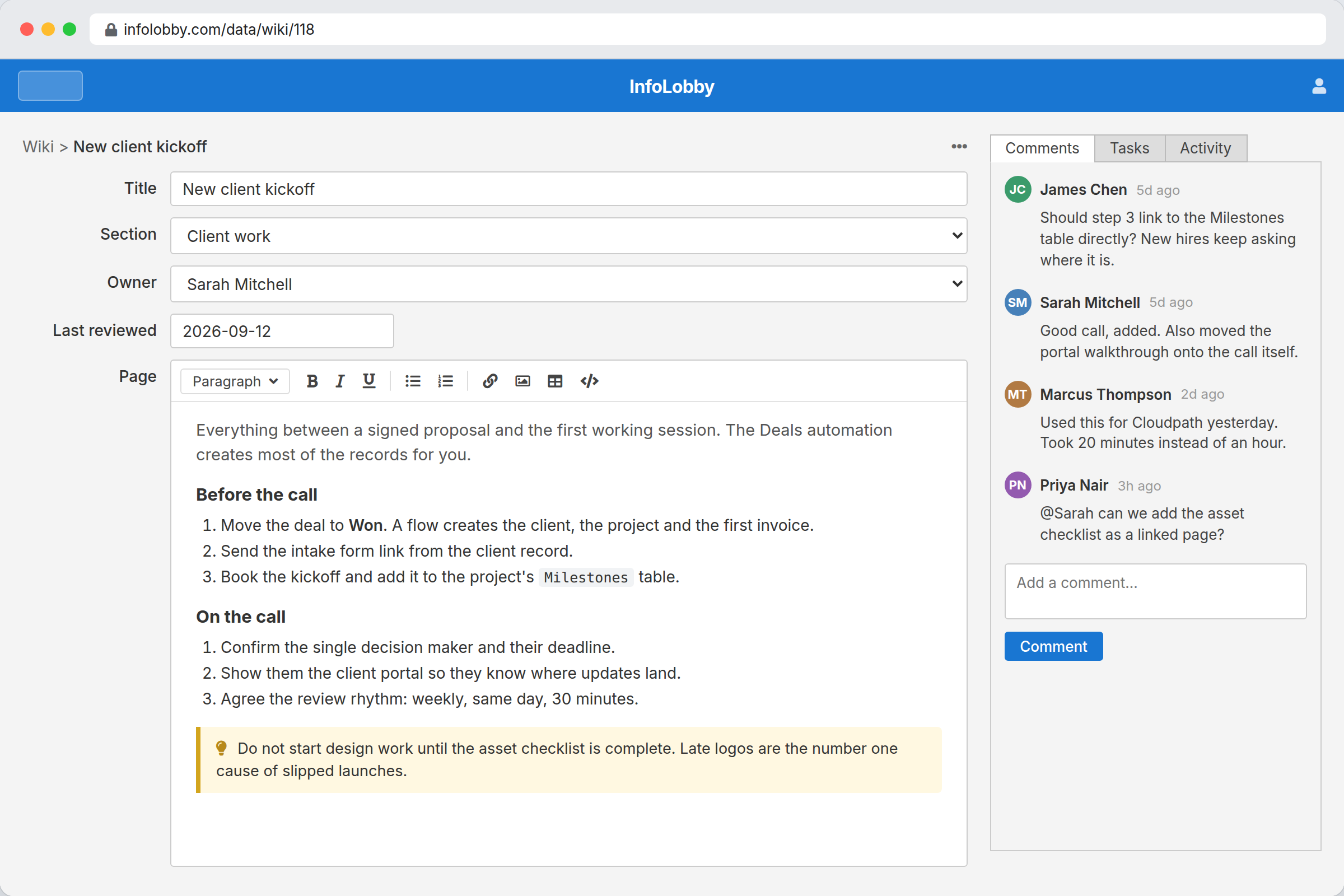 A team wiki page in InfoLobby: a rich text how-to with section, owner and review date, and a comment thread beside it