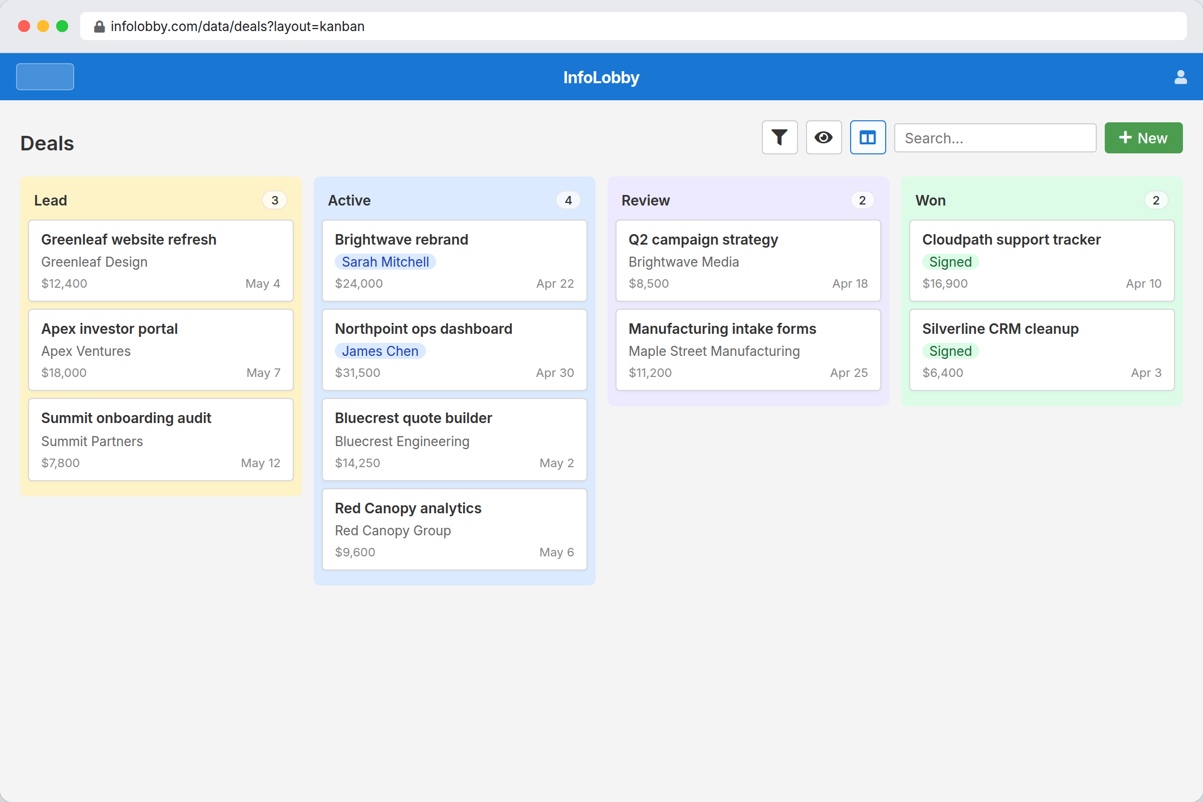 Database views and layouts with kanban board over business records