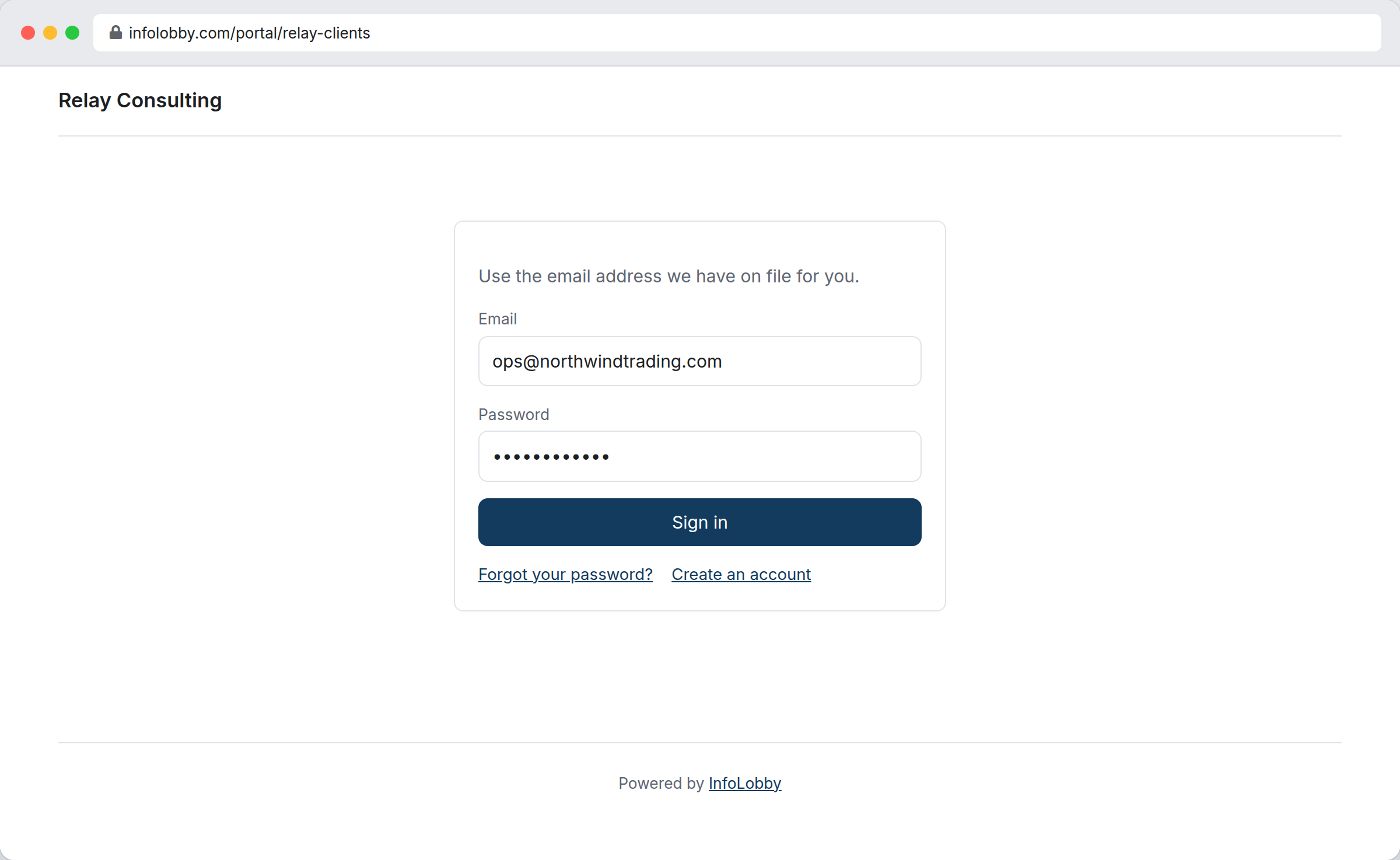 A published portal's sign-in page at its own address, carrying the account owner's company name, logo and colours rather than InfoLobby's, with email and password fields and a note that the visitor will only see the records belonging to their account