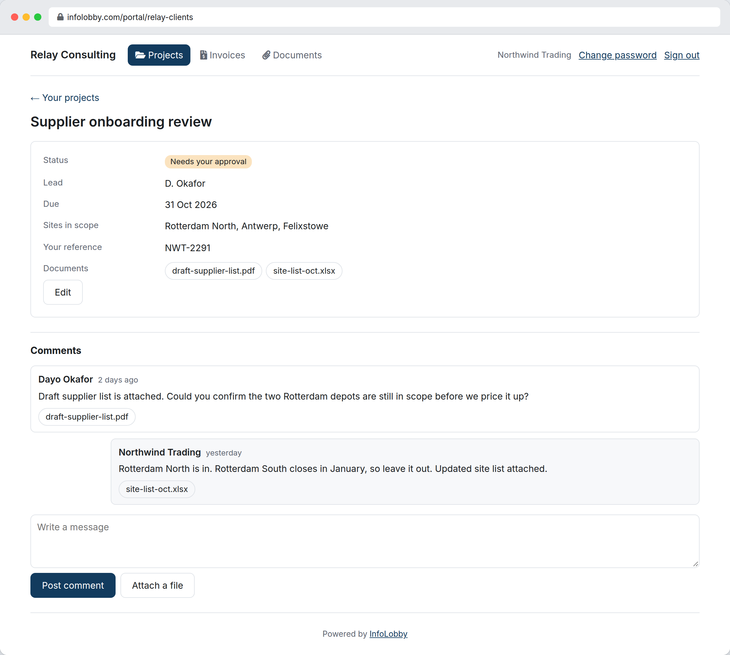 One record open in a portal: the fields the owner chose to publish, two downloadable documents, an Edit button, and the record's comment thread with a reply from the client and a box to write another