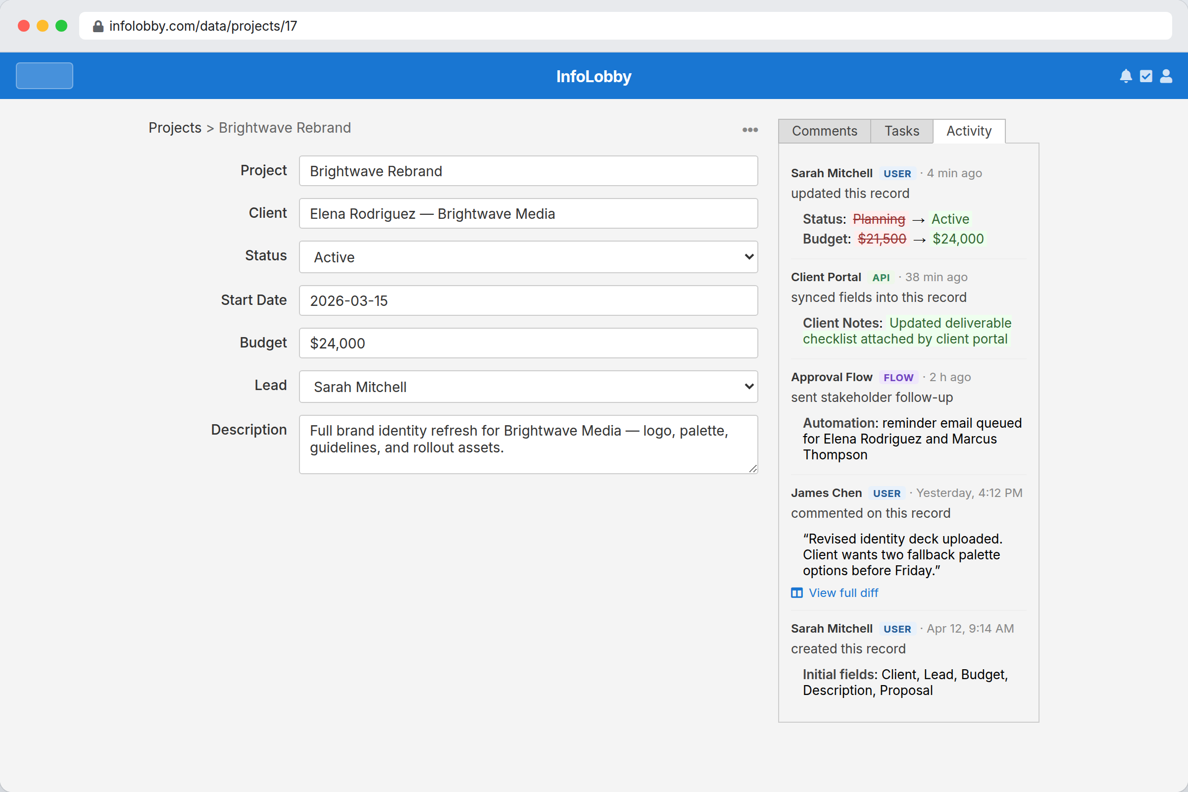 Audit trail software with record history and diffs