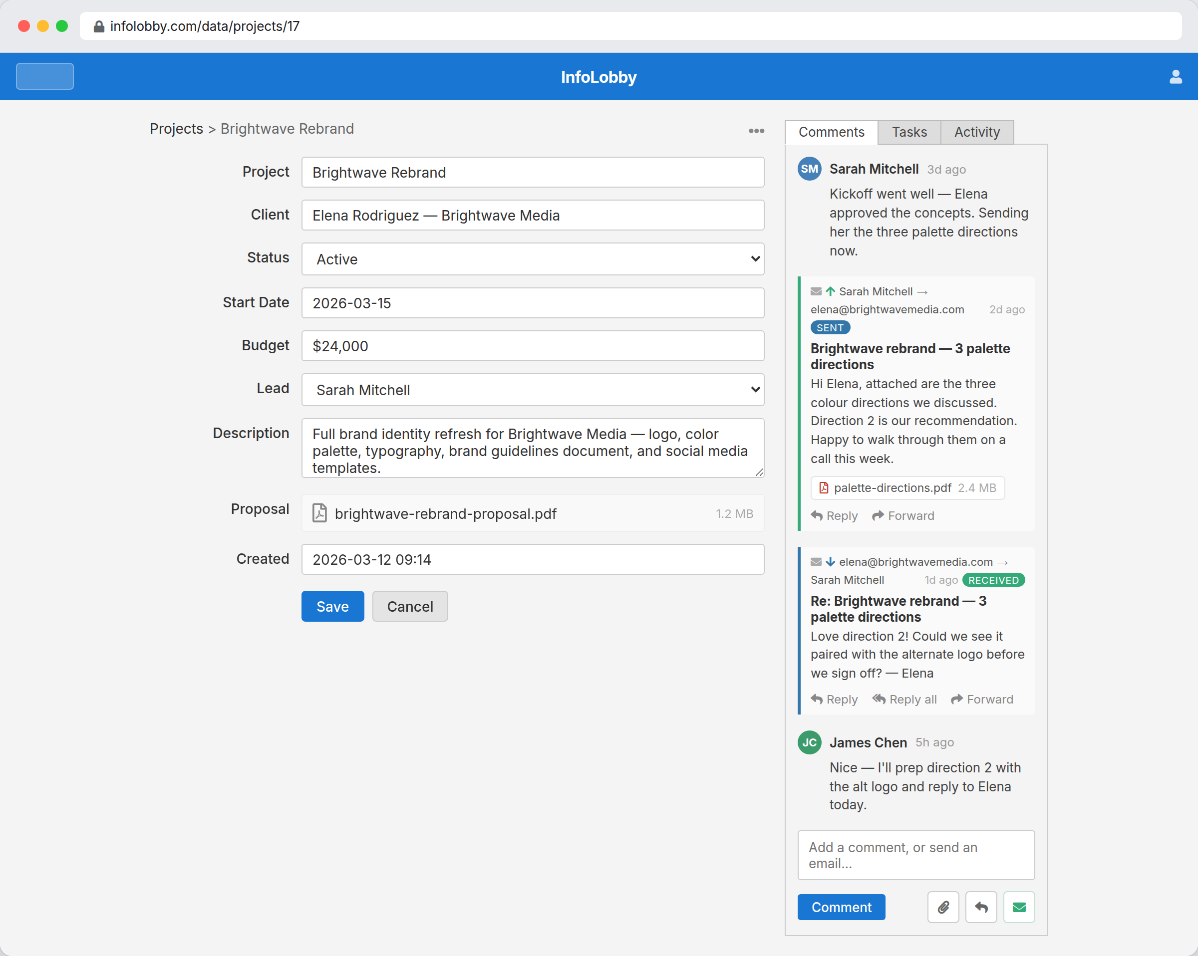 Record sidebar mixing team comments with an outbound and inbound client email, each with reply and forward