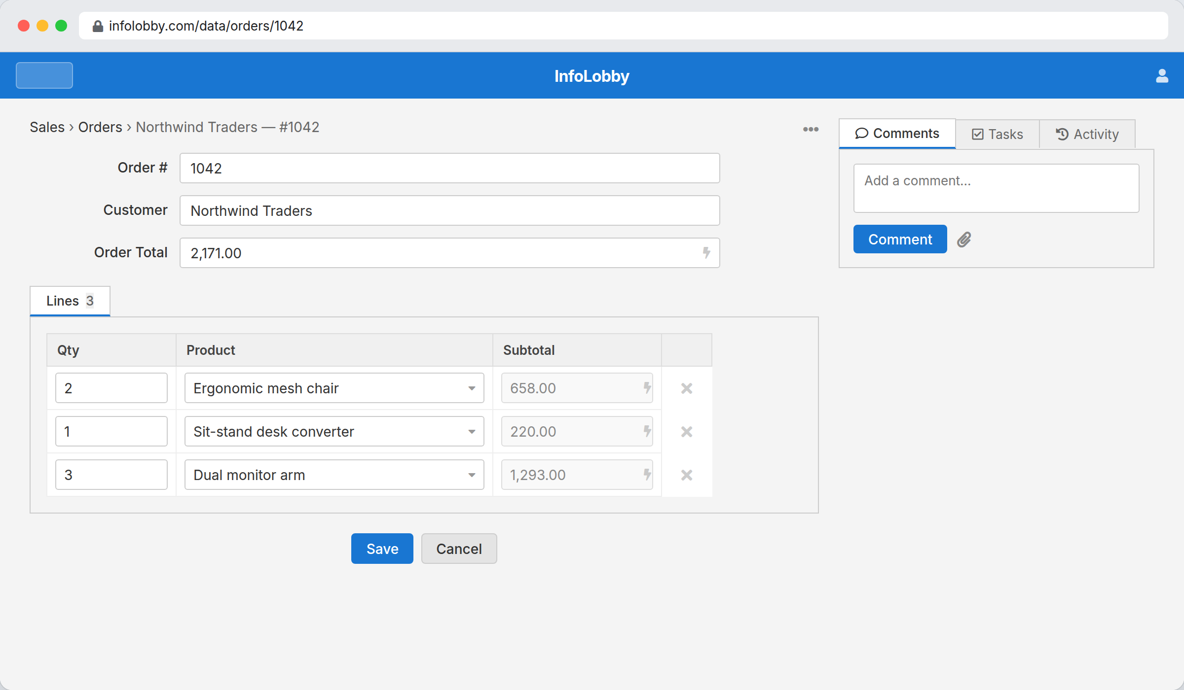 Invoice record with an editable line-item grid and a rollup total