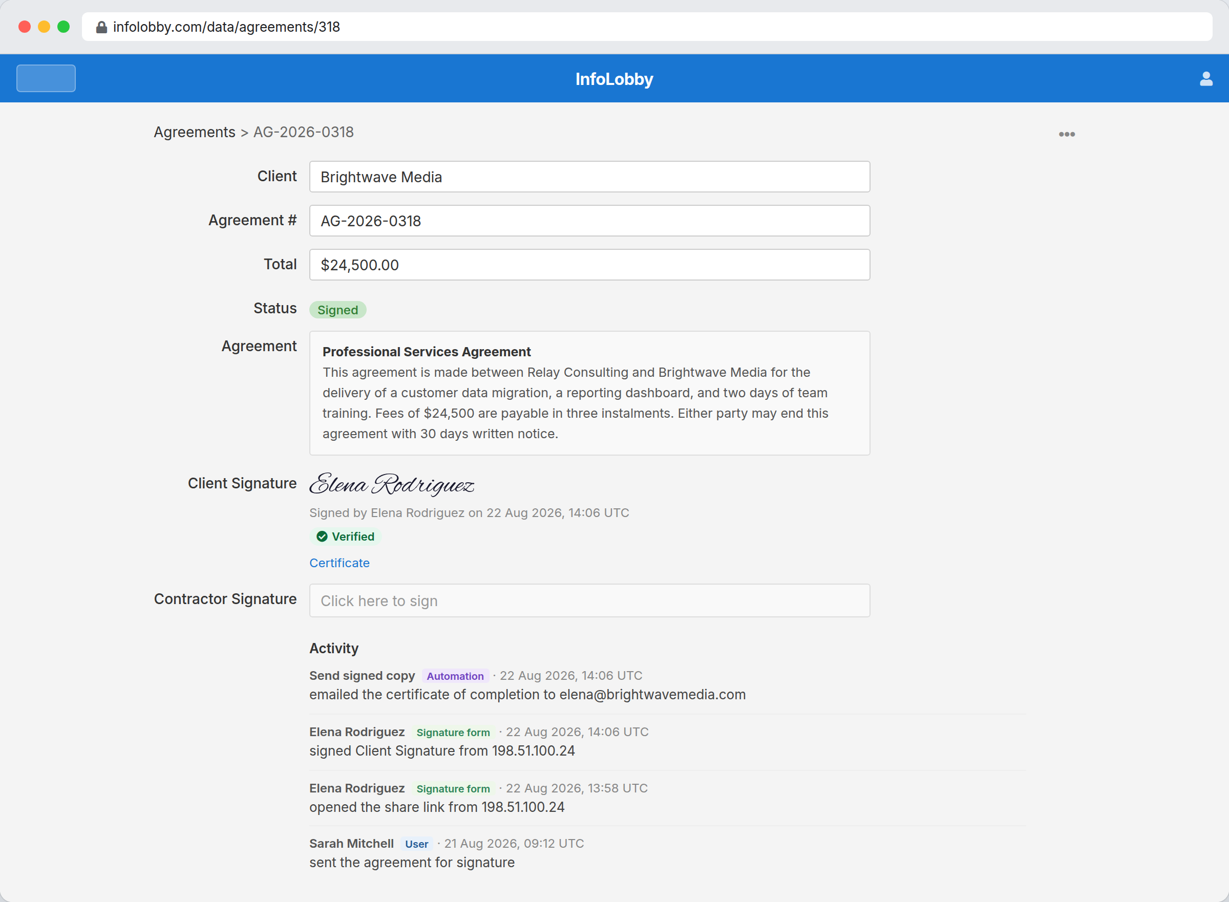 Electronic signature software showing a signed contract on a record with its verification badge and audit trail