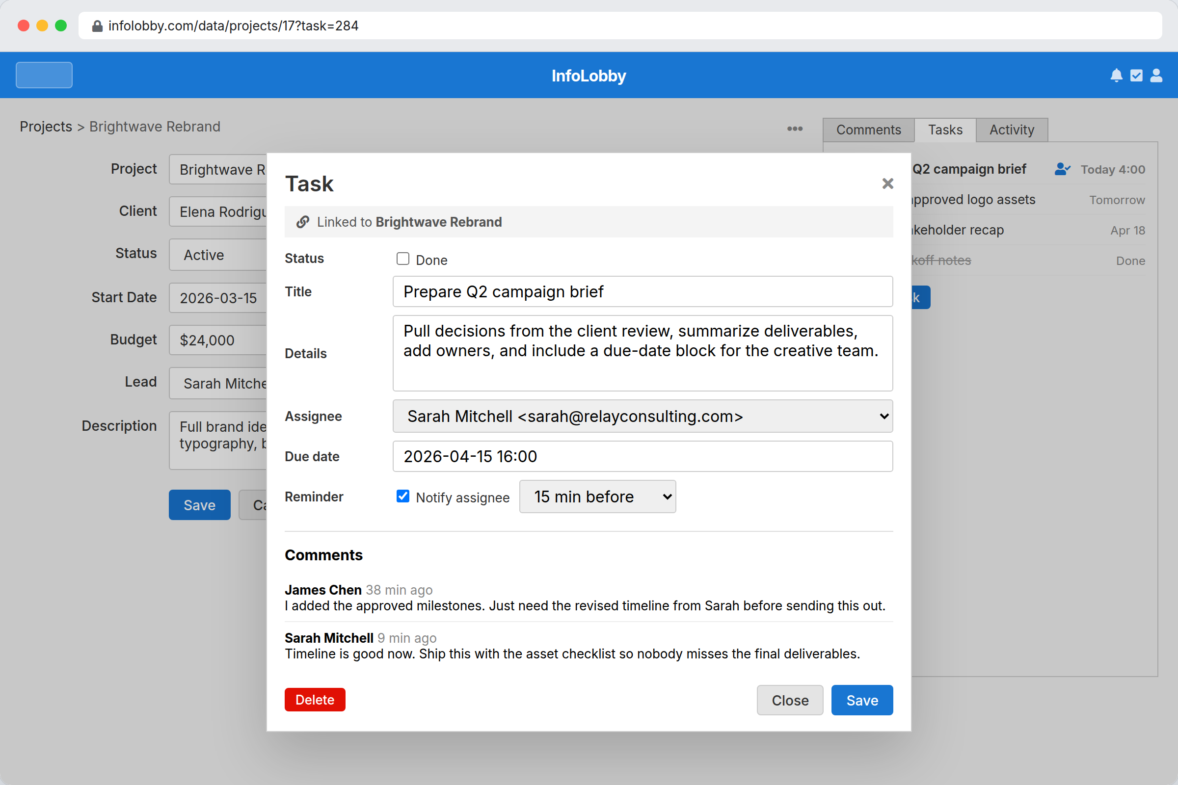 Task management database with record task panel