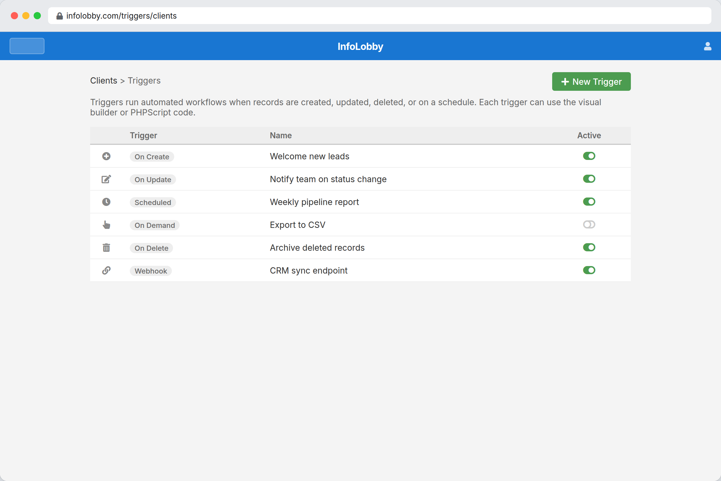 InfoLobby automation triggers reacting to record changes, schedules and form submissions