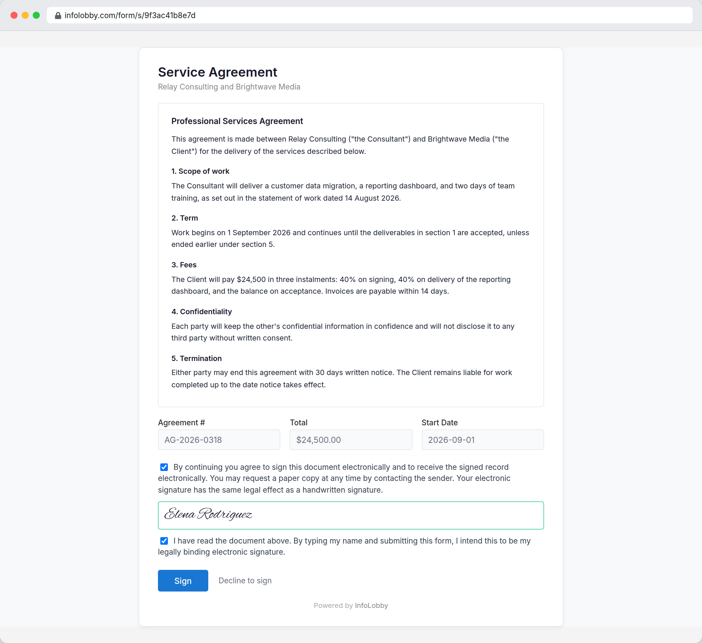 Contract signing software showing a service agreement being signed on a public signing page